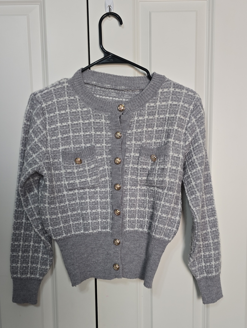 Classic Gray Plaid Knit Cardigan Sweater